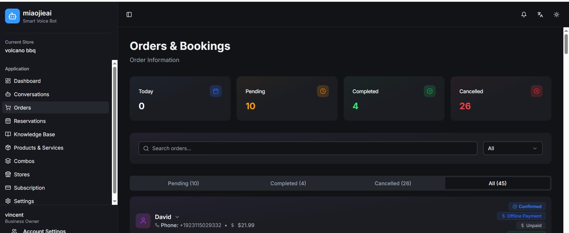 MiaoJie AI orders and bookings list with status filters