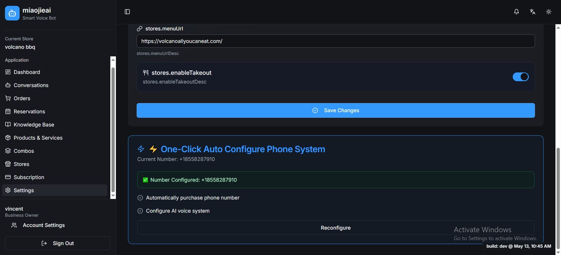 MiaoJie AI settings: one-click phone system configuration with Twilio number